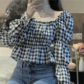 衬衫 宽松方领两穿收腰泡泡袖 上衣女士格子衬衣 韩版 春秋2026年新款