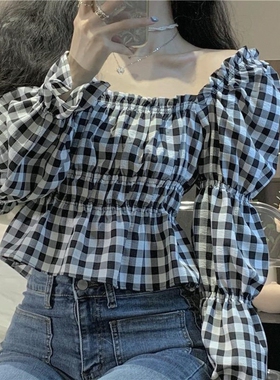 春秋2026年新款韩版宽松方领两穿收腰泡泡袖衬衫上衣女士格子衬衣