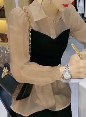 韩版拼接POLO领显瘦白色衬衣上衣名媛风假两件雪纺衬衫女2026春秋