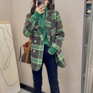 綠格子西裝 外套女秋冬設計感小眾高級感小個子上衣潮 韓版 2025新款