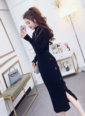 中长款连衣裙女冬季加厚毛衣裙子过膝针织大衣打底配秋的内搭黑色