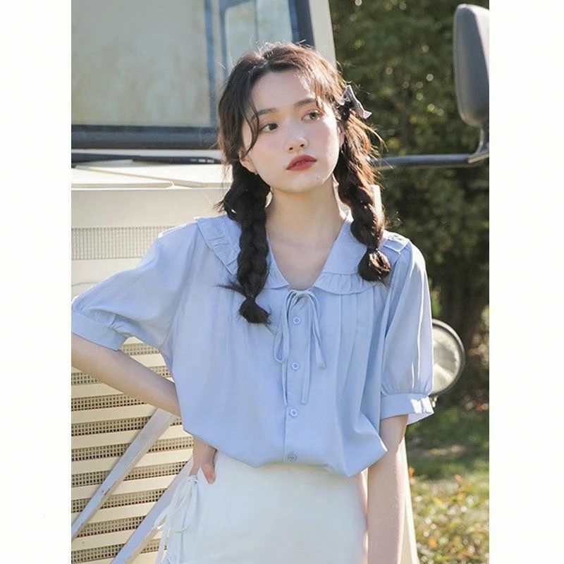 设计感小众短袖衬衫女夏薄款新款法式小清新蝴蝶结娃娃领上衣2025