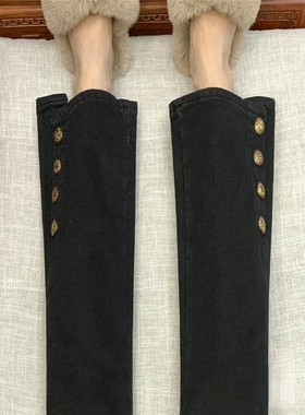 黑色直筒牛仔裤女春秋冬新款加厚大码胖mm弹力显瘦遮胯设计感微喇