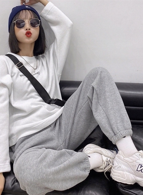 加厚韩版女外穿运动裤子休闲卫裤秋宽松冬季加绒学生显瘦束脚灰色