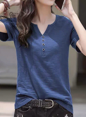 夏新款时尚竹节棉 V领纽扣短袖t恤女韩宽松大码纯色白色半袖上衣