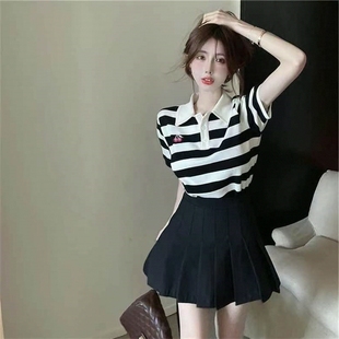 女清纯甜美小个子俏皮活泼穿搭两件套夏 网红条纹t恤百褶短裙套装