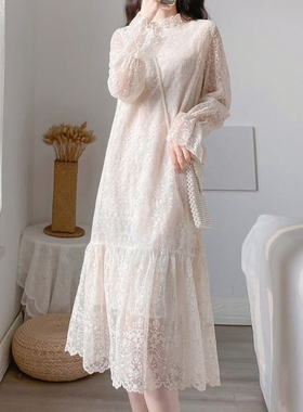女装秋季温柔垂感仙女内搭气质蕾丝连衣裙中长款加厚打底长袖裙子