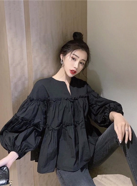 复古韩范褶皱春秋泡泡袖娃娃衫V领白色上衣宽松休闲衬衫女学生款