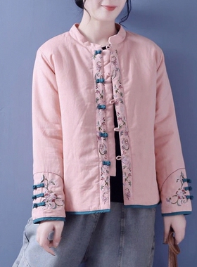 冬复古外套新款中式棉服中国风棉衣棉麻绣花对襟立领女厚盘扣棉服