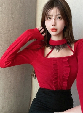 挂脖红色打底衫女内搭春秋设计感小众辣妹短款蕾丝拼接短款上衣潮
