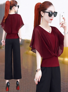 夏装雪纺衫女装短袖2026新款配阔腿裤上衣服高腰短款洋气蝙蝠小衫