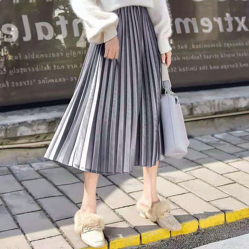 高腰半身裙新款秋长裙子百褶金丝绒显瘦2025春秋中长款女A字冬季