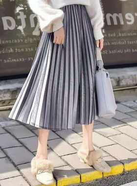 高腰半身裙新款秋长裙子百褶金丝绒显瘦2025春秋中长款女A字冬季