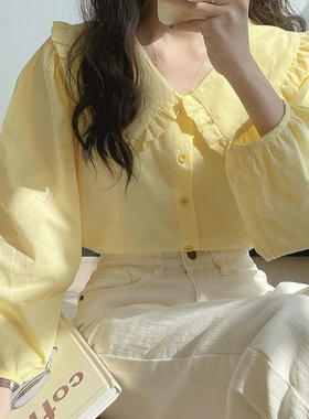 法式衬衫春秋女Chic设计感衬衣长袖娃娃领上衣小众复古奶甜奶黄色