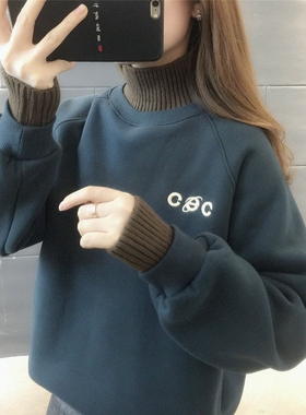 韩版新款女半高领秋冬时尚加厚加绒2026假两件外套上衣宽松卫衣潮