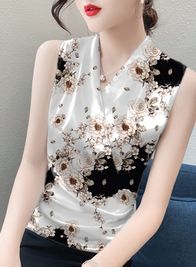 无袖小背心女装外穿印花修身V领吊带内搭收腰打底衫上衣夏季新款