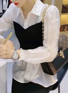 2026夏季针织拼接娃娃领收腰显瘦白色衬衣上衣气质短款衬衫女短袖