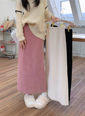 加绒灯芯绒A字半身裙女胖MM松紧高腰直筒裙子显瘦长裙纯色潮秋冬