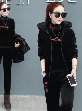 加厚卫衣套装双面绒加绒冬季女运动休闲服半高领金丝绒保暖三件套