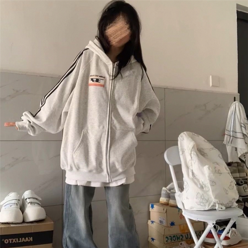 设计感三条杆美式连帽女外套春秋款小众oversize开衫卫衣拉链黑色