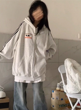 设计感三条杆美式连帽女外套春秋款小众oversize开衫卫衣拉链黑色