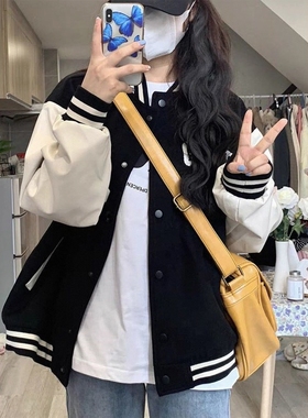 美式街头vintage棒球服外套女春秋韩版宽松复古炸街薄款夹克潮