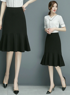 女半身裙夏黑色荷叶边鱼尾裙2026春秋高腰中长款a字百褶包臀裙子