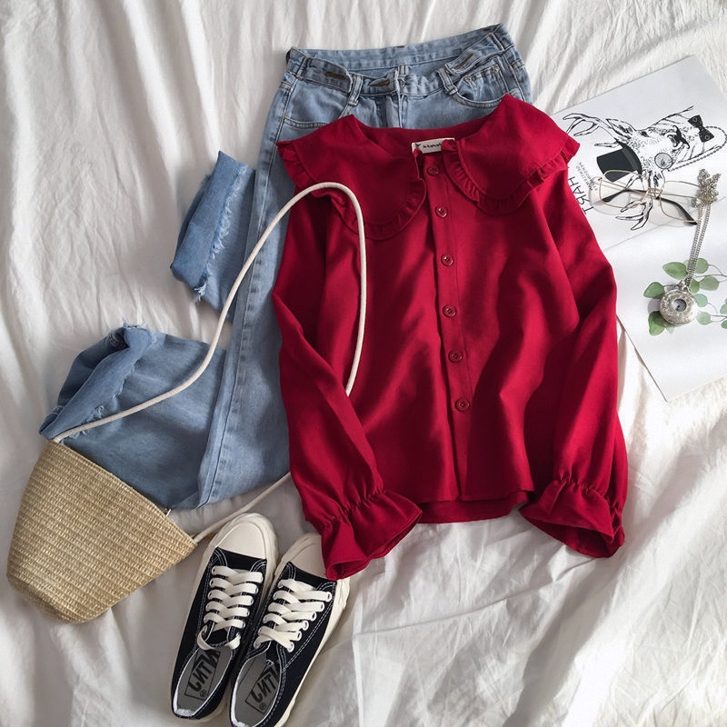 日系甜美娃娃领衬衫女春秋季2025新款长袖开衫设计感内搭洋气上衣