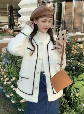 秋冬加厚水貂绒宽松外套小香风短款冬天毛呢上衣2026韩版潮不掉毛