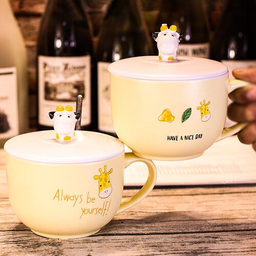 Cute Panda Giraffe Ceramic Ramen bowl Easy to clean with cov
