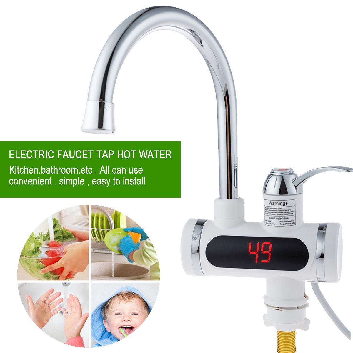 3000W 220V Electric Faucet Tap Hot Water Heater 360 Degree