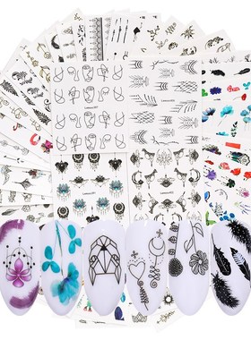 LEMOOC 45Pcs/Set Black Flower Water Transfer Decals Colorful