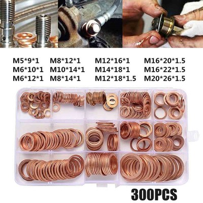 300Pcs 12 Types Copper Washer Gasket Nut and Bolt Set Flat R