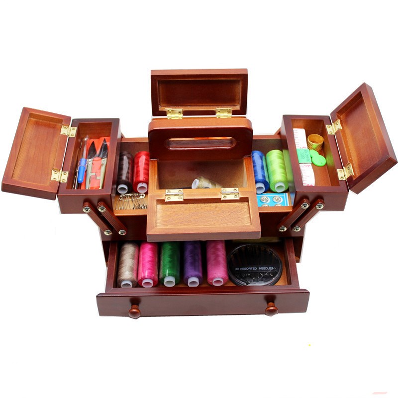 Natural wood sewing box Polyester Sewing thread Needlework K