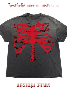 AT荒诞小镇 blackred黑红骷髅暗黑goth哥特系Y2K涩谷重磅短袖T恤