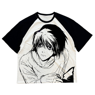 AT荒诞小镇 Death Note动漫二次元 L 黑白插肩袖短袖痛衣T恤