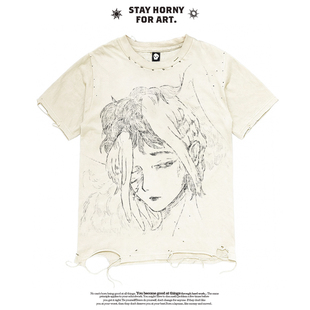 AT荒诞小镇 Y2K亚文化二次元男女印花短袖T恤女夏做旧破洞上衣