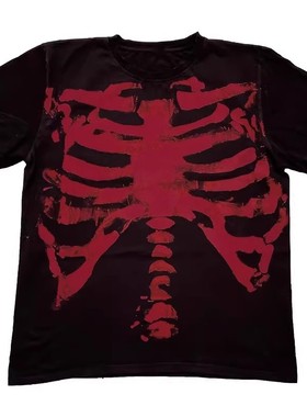 AT荒诞小镇 blackred黑红骷髅暗黑goth哥特系Y2K涩谷短袖T恤
