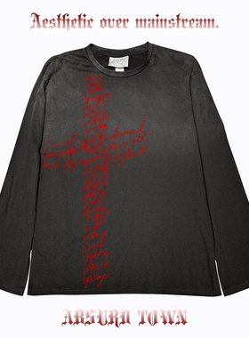 AT荒诞小镇 亚文化T恤千禧风黑红十字多巴胺穿搭脏脏长袖前卫潮酷