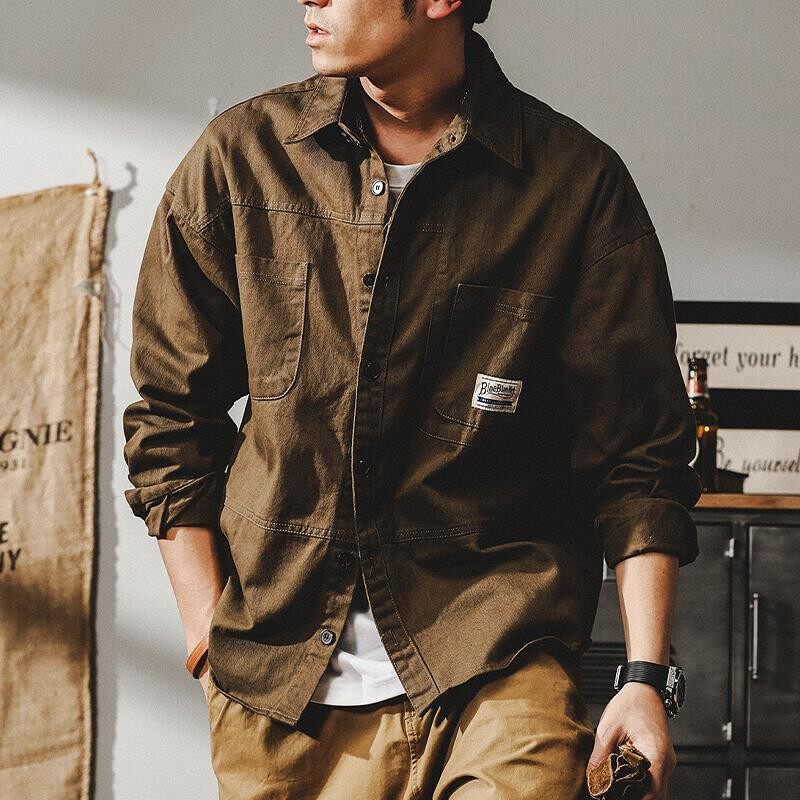 秋冬加绒美式复古卡其工装衬衫男长袖潮牌宽松大码衬衣牛仔外套潮