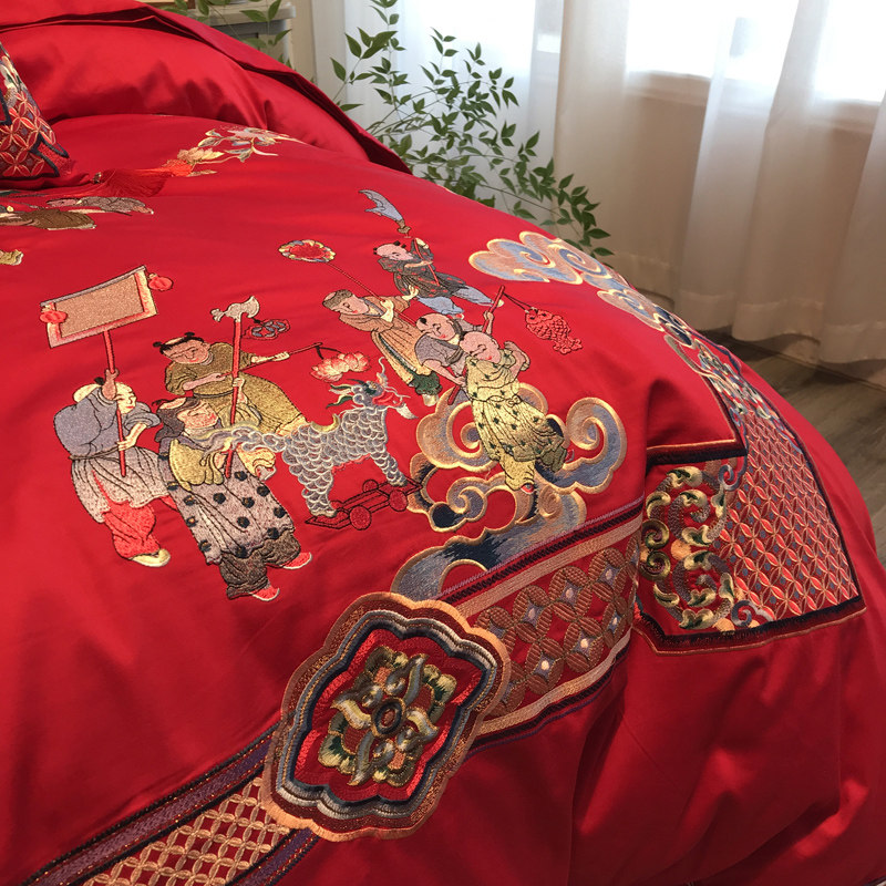 百子图奢华四件套纯棉全棉婚庆结婚婚嫁刺绣大红色婚喜被床上用品
