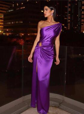 Purple Party Dress 欧美性感单肩斜领褶皱开叉紫色修身礼服长裙