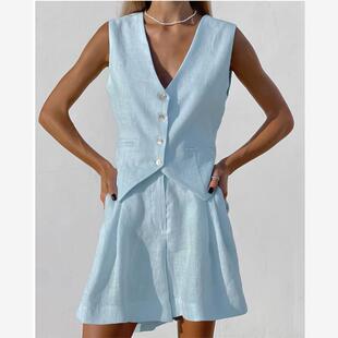 Cotton Vest Shorts Set设计感棉麻无袖西装马甲背心短裤休闲套装