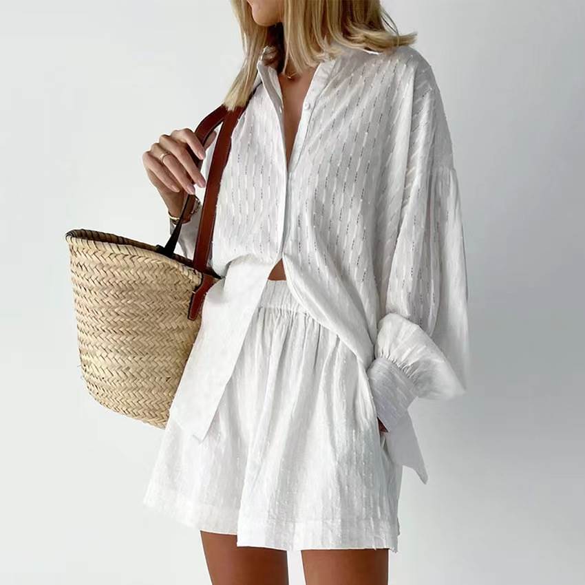 欧美风新款提花泡泡袖气质衬衫上衣短裤休闲套装shirt shorts set