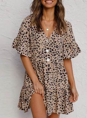 欧美风亚马逊V领纽扣印花宽松荷叶边短袖连衣裙A字裙summer dress