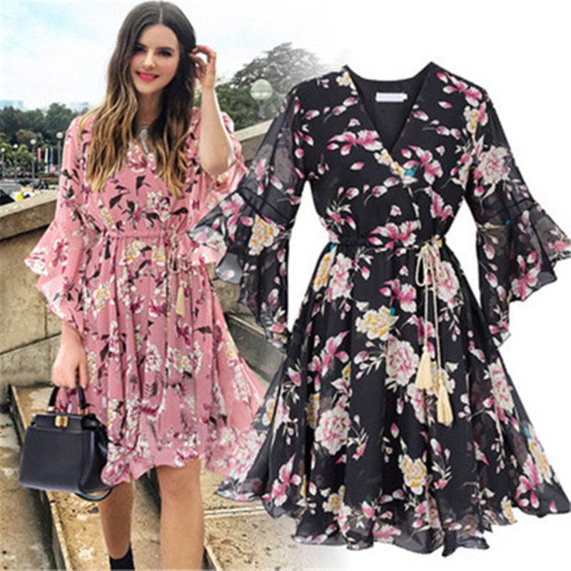 Women Summer Chiffon Dress Print Skirt Big Plus Size Dresses