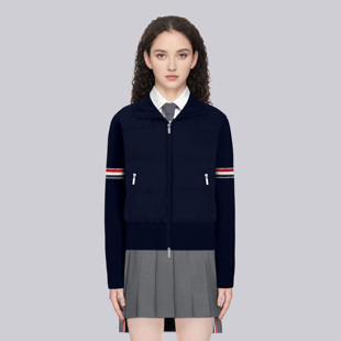 TB韩系双袖三彩条拼接立领羽绒服女tb学院风显白小众高级短款外套