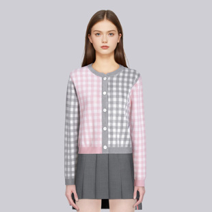 TB新款粉灰格纹拼色开衫女学院风减龄复古风针织显瘦外搭百搭上衣