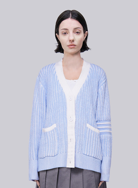 TB针织开衫女新款V领条纹OS针织毛衣春季时尚百搭tb学院风外套