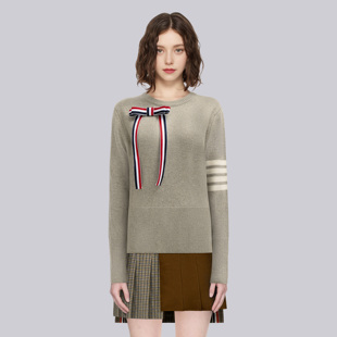 TB学院风四道杠三彩条蝴蝶结针织毛衣女tb高级显白百搭圆领上衣